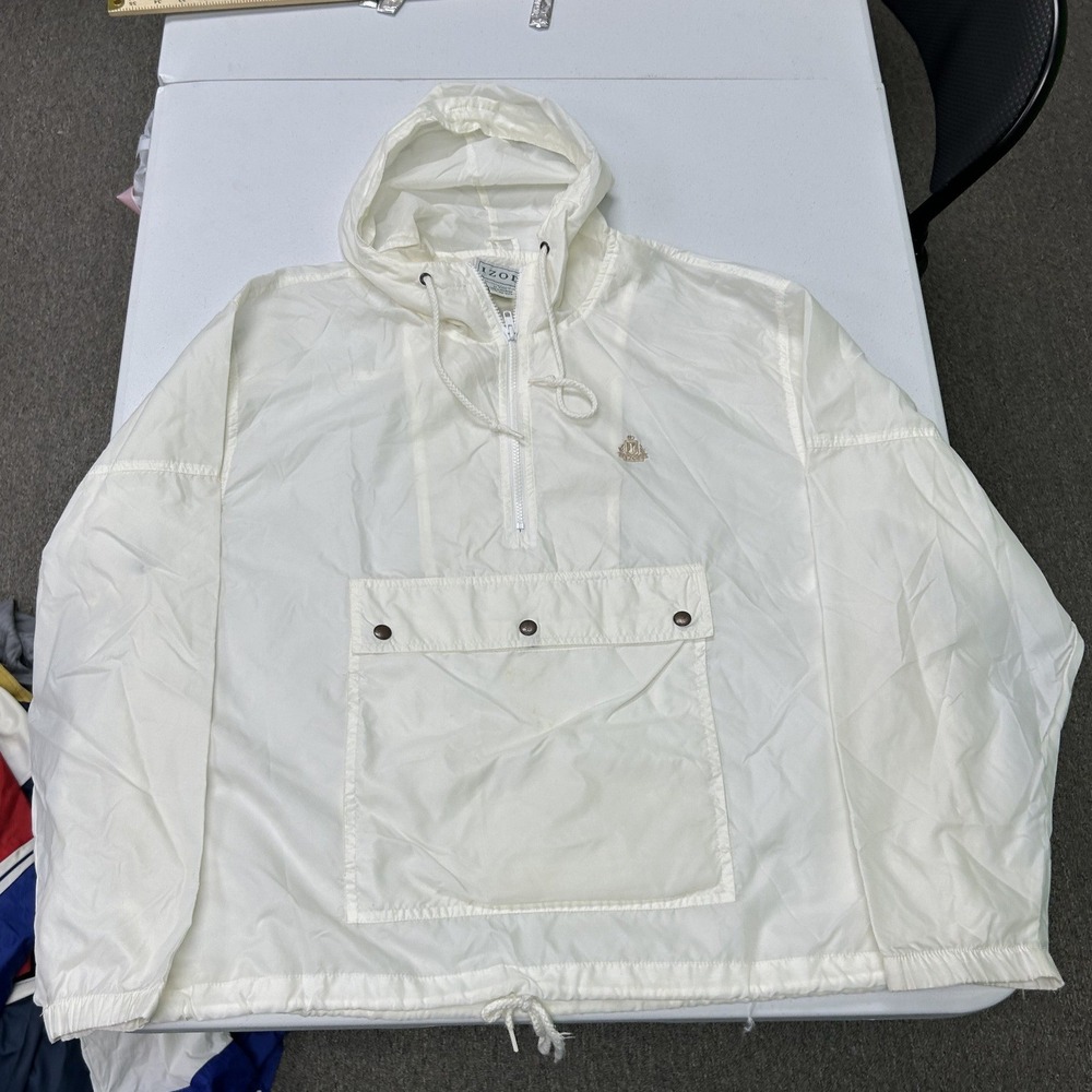IZOD Anorak Windbreaker Mens Large White Vintage Quarter Zip Hooded Jacket
